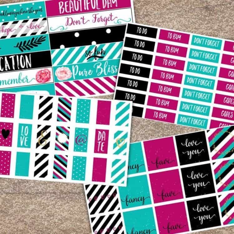 Black, White, Teal and Pink Printable Planner Stickers | LovePaperCrafts.com