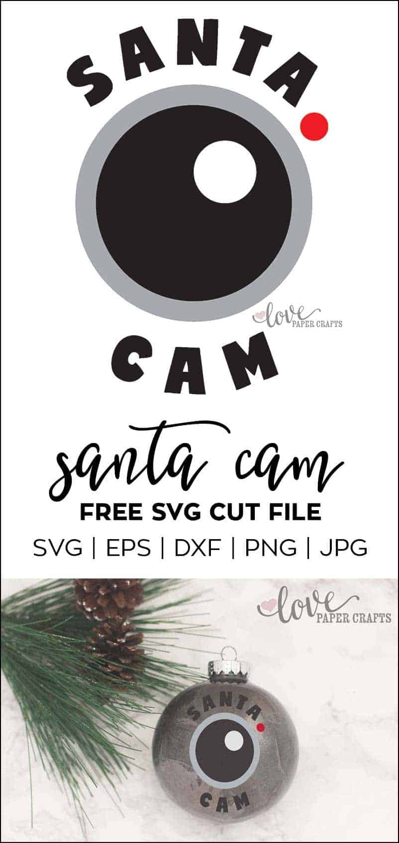 Another free SVG cut file for a Santa Cam. Perfect for Silhouette and Cricut. This SVG, DXF, EPS, PNG and JPG file can be cut from vinyl and applied to ornaments and shirts. | LovePaperCrafts.com