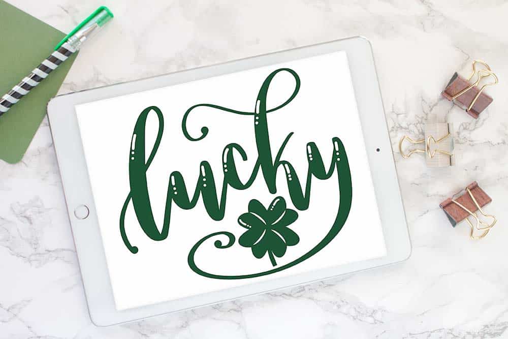 Free hand lettered lucky SVG cut file for St Patricks Day.