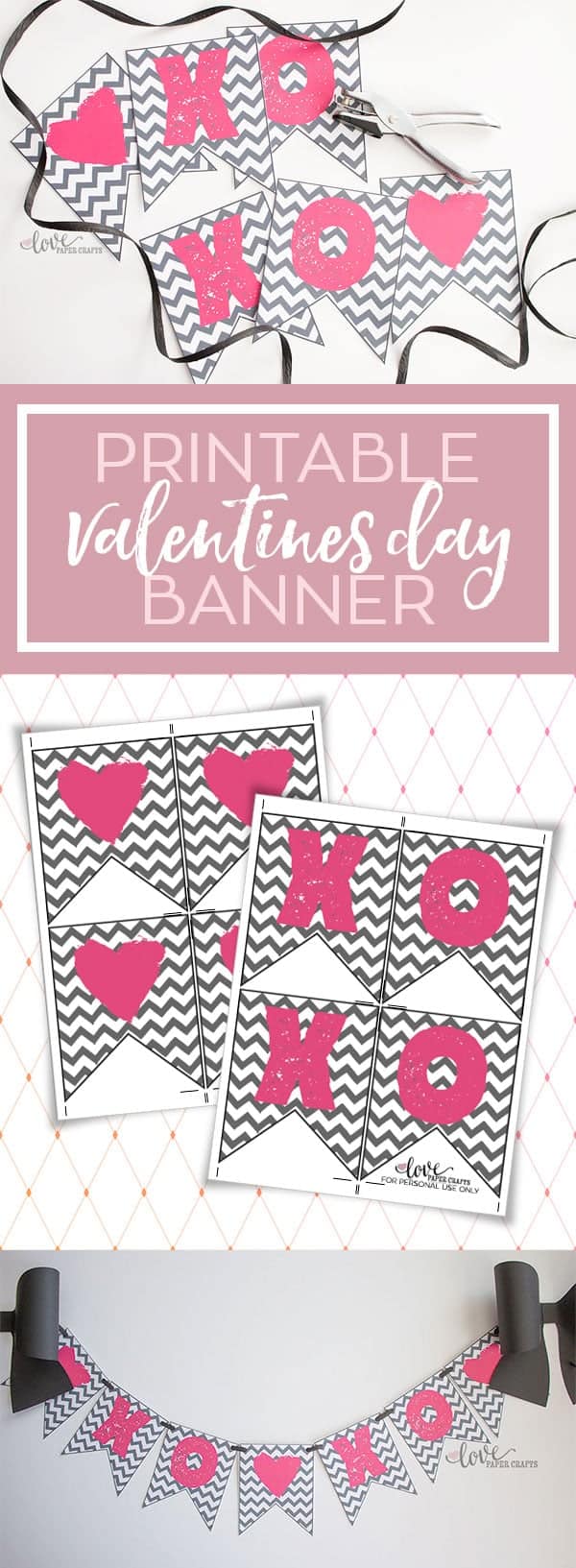 Free Printable XOXO Pink and Grey Valentine's Day Banner for Decorating the Fireplace Mantel or the Classroom | LovePaperCrafts.com