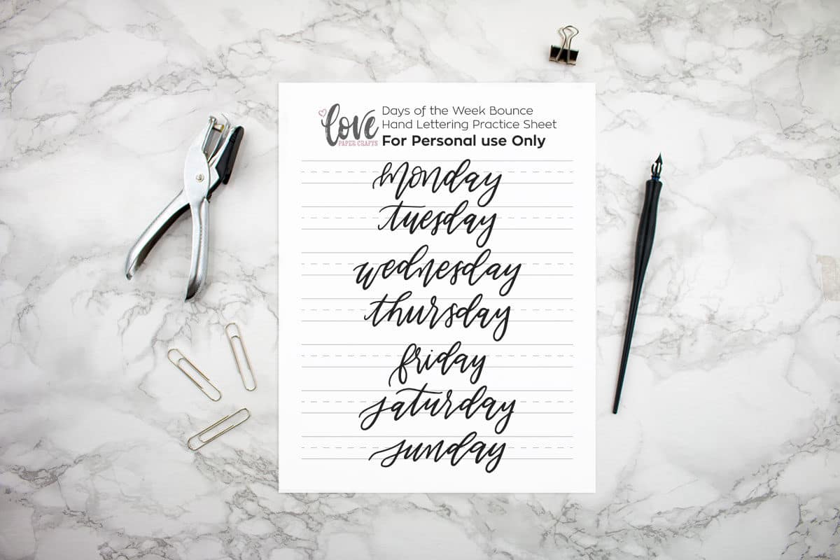 Days of the Week Bounce Hand Lettering Practice Sheet